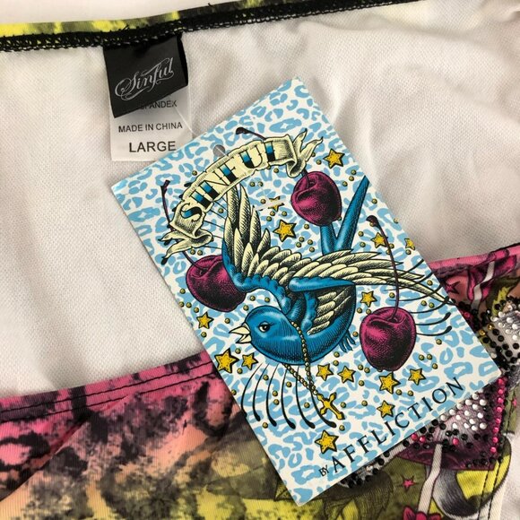 Sinful by Affliction Bikini Bottom Studded Heart Tiger Rhinestone Pink Yellow L - Picture 5 of 6